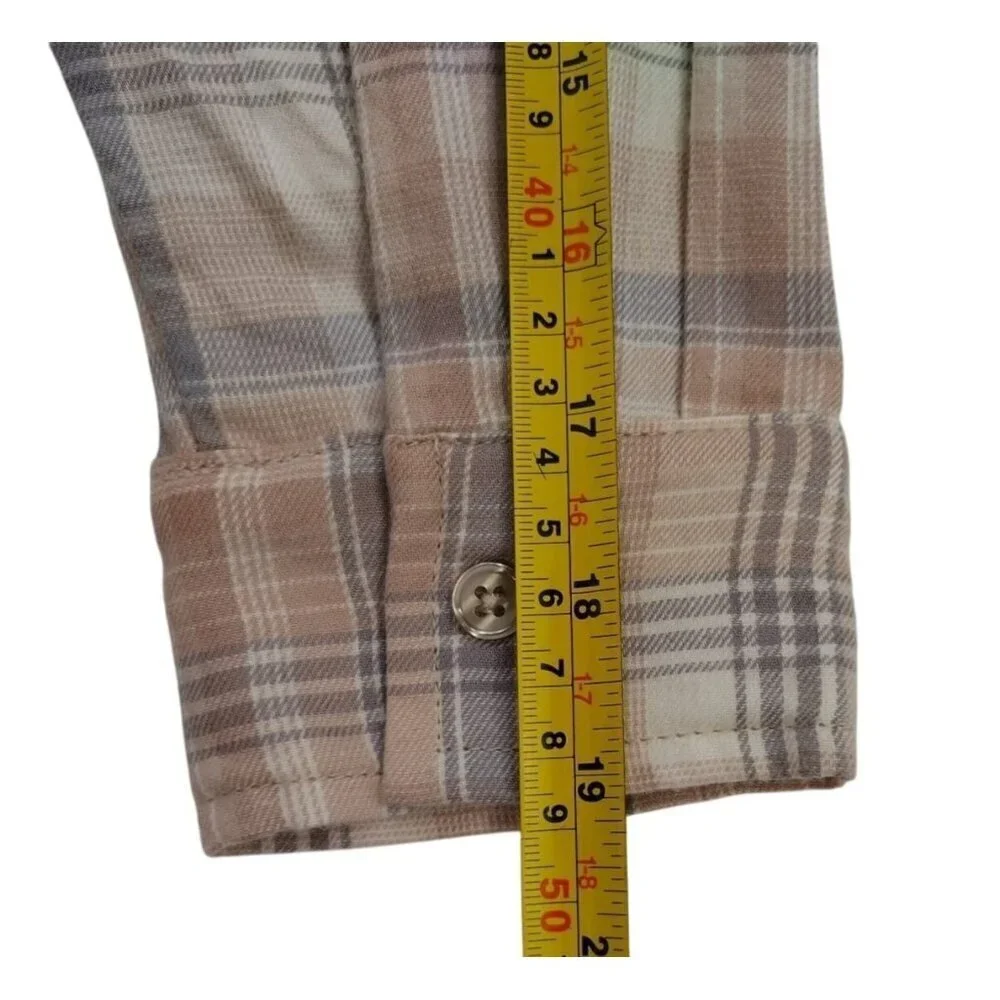 Plaid Long-Sleeve Shirt M By Hippie Rose Cotton & Viscose Beige, Button Front.